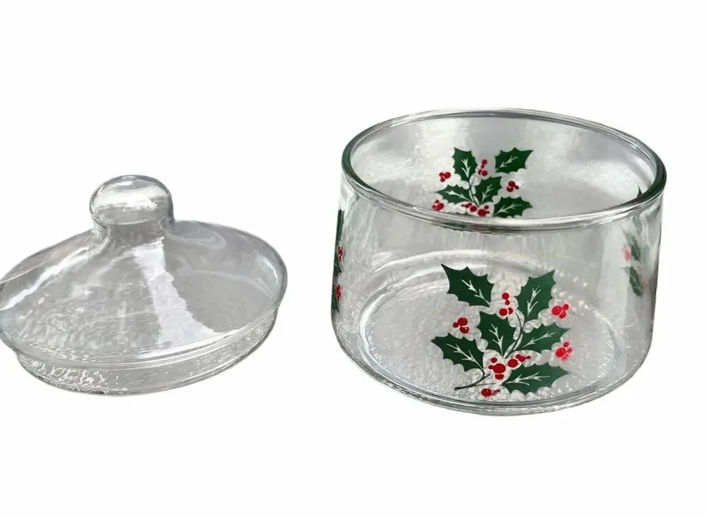 Vintage Christmas Candy Snack Glass Jar Holly & Berries Indiana Apothecary 1970s
